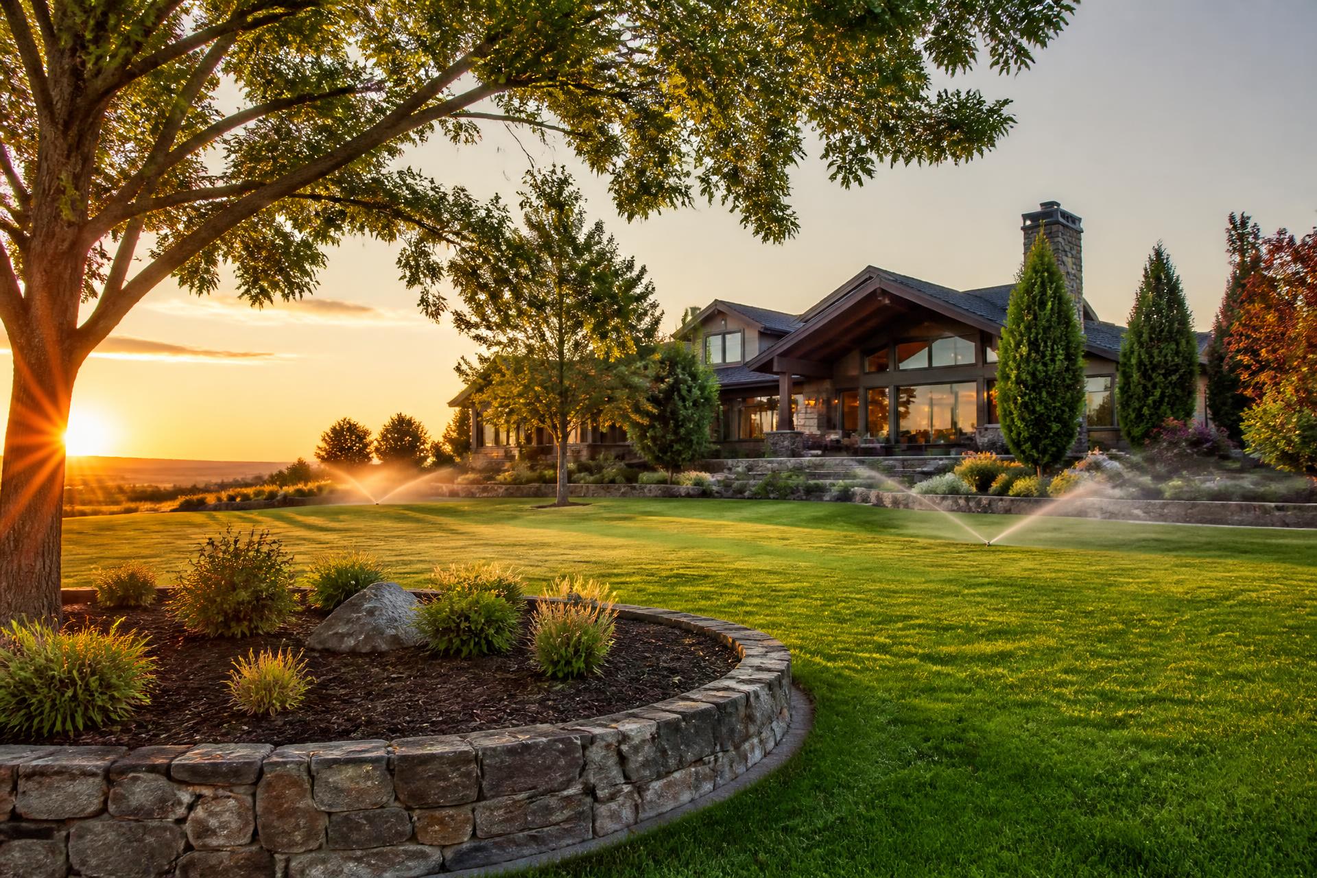 Landscaped property in the Walla Walla Valley at golden hour